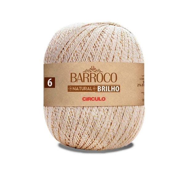 O Barroco Natural Brilho une algodão cru e fio metalizado para criar peças elegantes, resistentes e cheias de charme. Ideal para crochê e tricô decorativo, com brilho sutil e acabamento impecável.